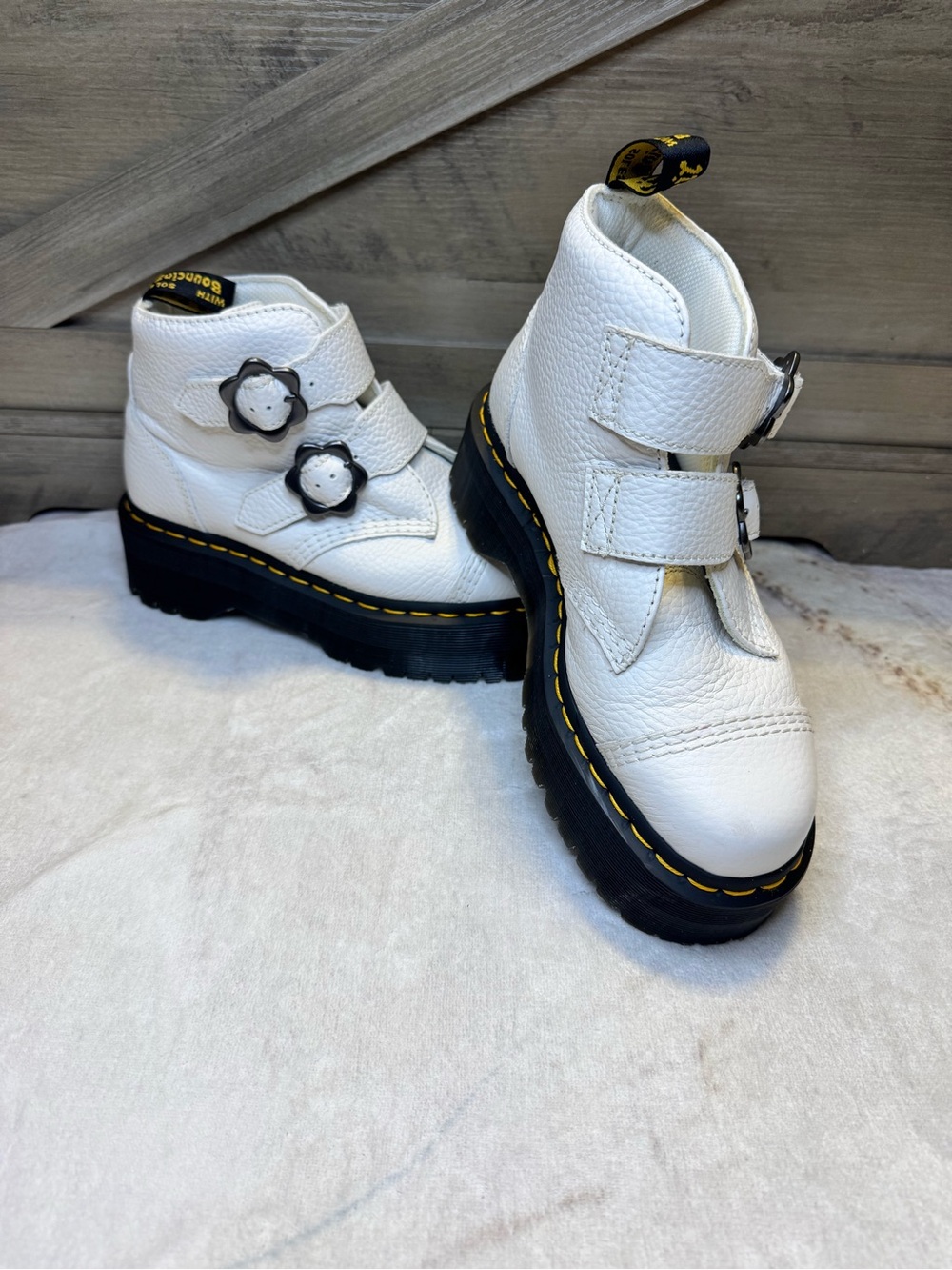 Dr. Martens Devon Flower White Milled Nappa Leather platform Ankle Boots